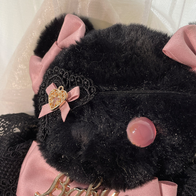Original Handmade Design Lolita Black Eye Mask Bear Bag - Single Shoulder Black Velvet Handbag