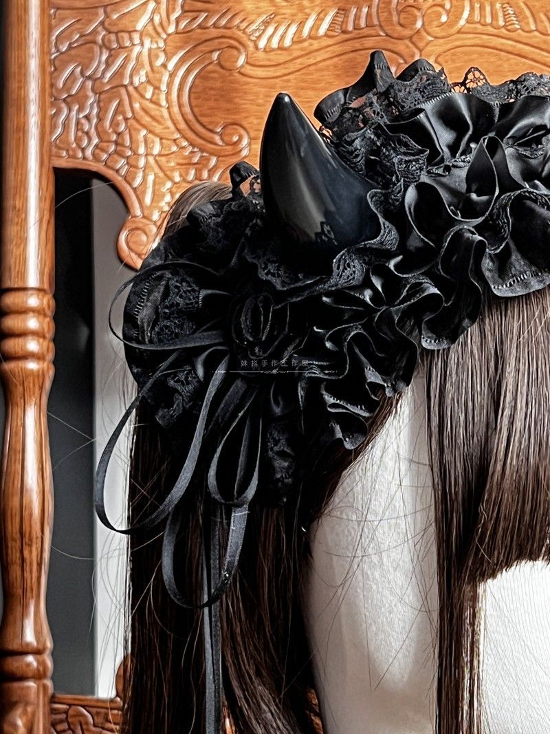 Original Handmade Lolita Multi-color Devil Horn Gothic Headband Multi-layer Lace Trim Hair Accessory