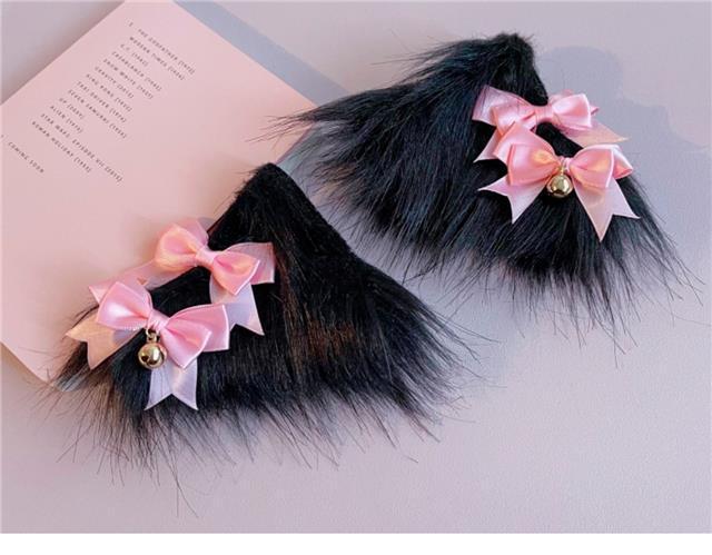 Black and pink handmade faux fur plush cat ear animal ear bow hair clip with side clip, LolitaFetch headdress for Japanese Lolita fashion