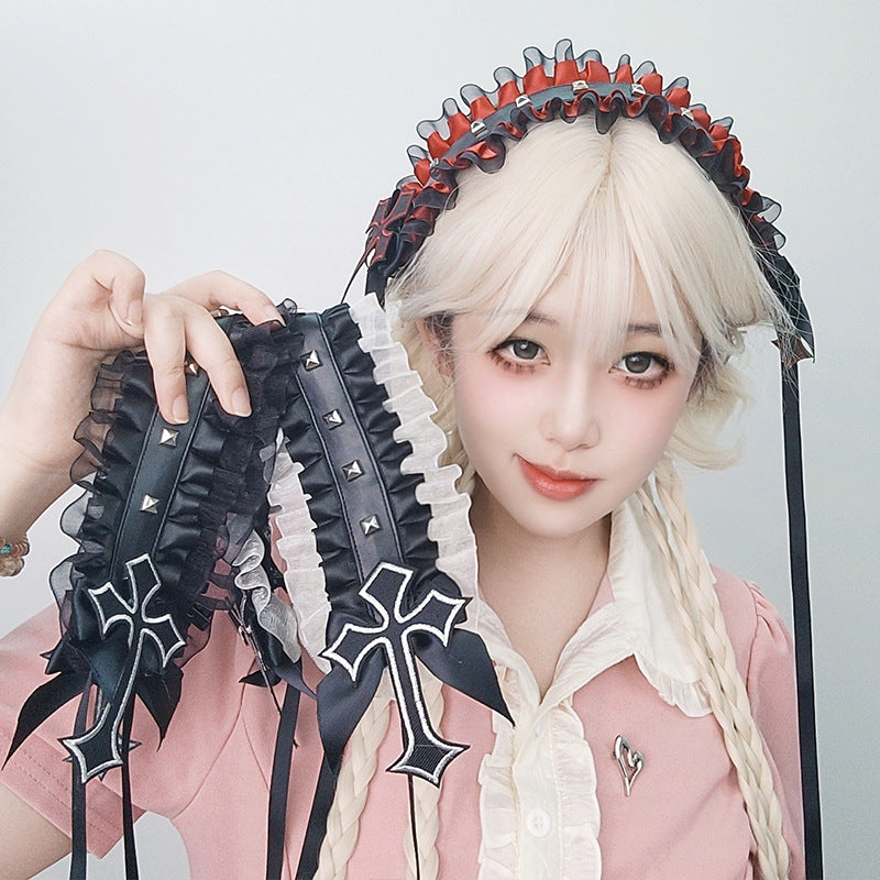 Dark Gothic Punk Rivet Headband Subculture Y2K Niche Hair Accessory Lace Rivet Cross Versatile Hair Ornament - Lolita Fetch