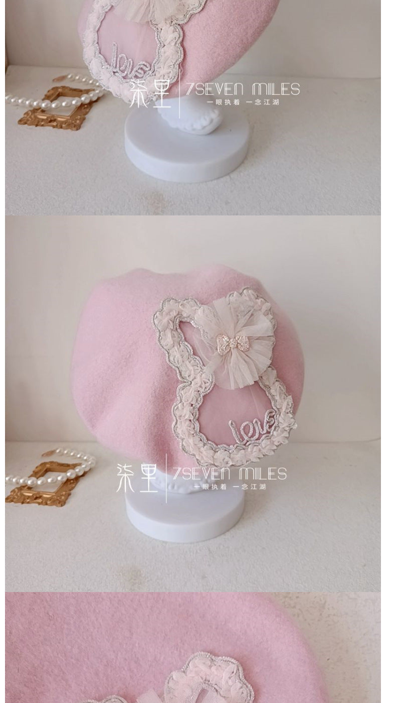 Long-Eared Rabbit  Beret Handmade Bow Lolita Girl Sweet Cute Woolen Hat for Women