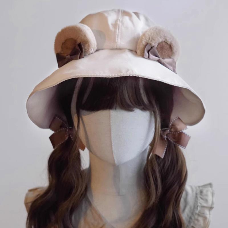 Original Handmade Lolita Bear Fisherman Hat Sun Hat Japanese Korean Cute Animal Ear Khaki Hat - Lolita Fetch