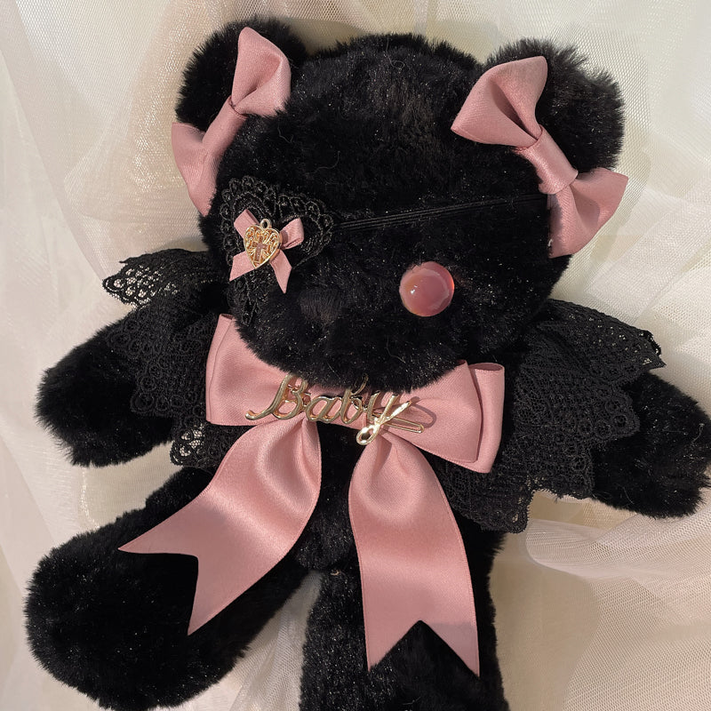 Original Handmade Design Lolita Black Eye Mask Bear Bag - Single Shoulder Black Velvet Handbag