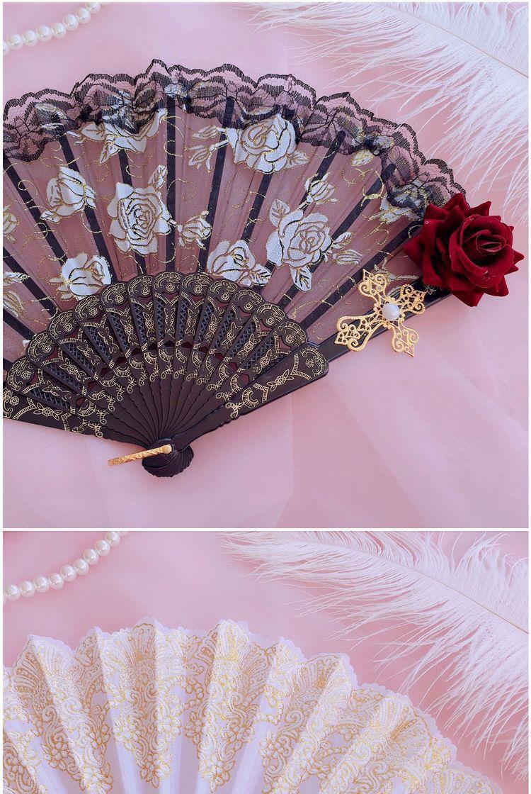 Lolita Lace Fan Gorgeous Retro European Style Rose Folding Fan Tea Party Dark Gothic Comic Con Cosplay Prop