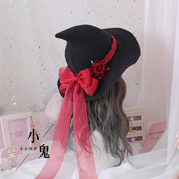 Halloween Lolita Rose Flower Big Bow Halloween Witch Hat Witch Hat Witch Hat Head Accessories - Lolita Fetch