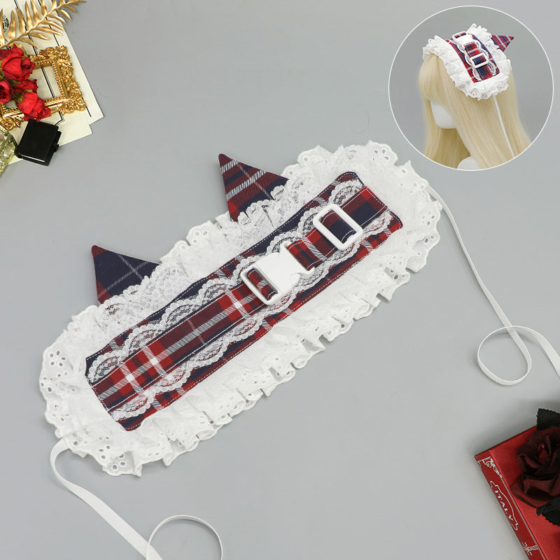 Subculture Retro Plaid Buckle Hairband Ancient Rural Style Lolita KC Lace Japanese Style Lolita Cat Ear Hair Accessory