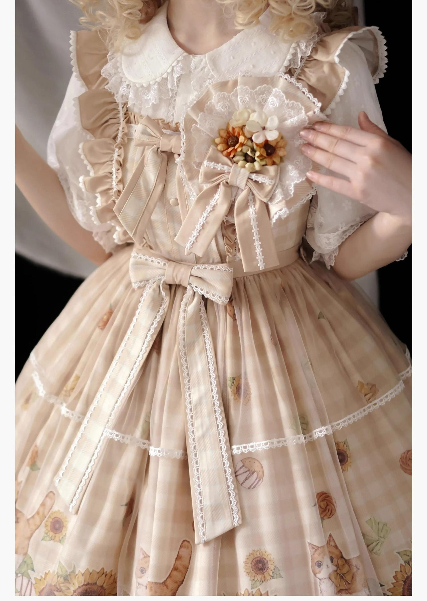 Chaton Jardin - Sunny Cat - Sweet Lolita cat-ear KC or dual-use flower brooch with plaid bow accents - product detail 9