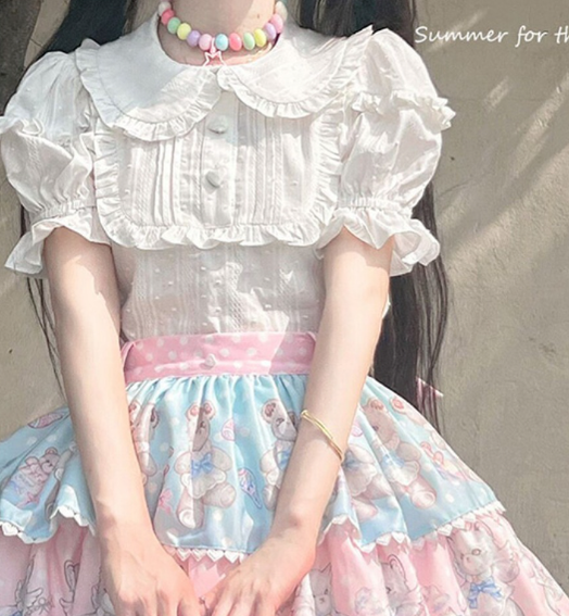 Sakurada Fawn - Plus Size Lolita Shirt Solid Color - Short Sleeve Blouse Innerwear