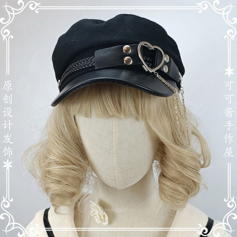 Original Woolen Military Lolita Beret Octagonal Hat Metal Hard Girl Joker Girl Punk Gothic Hat for Women