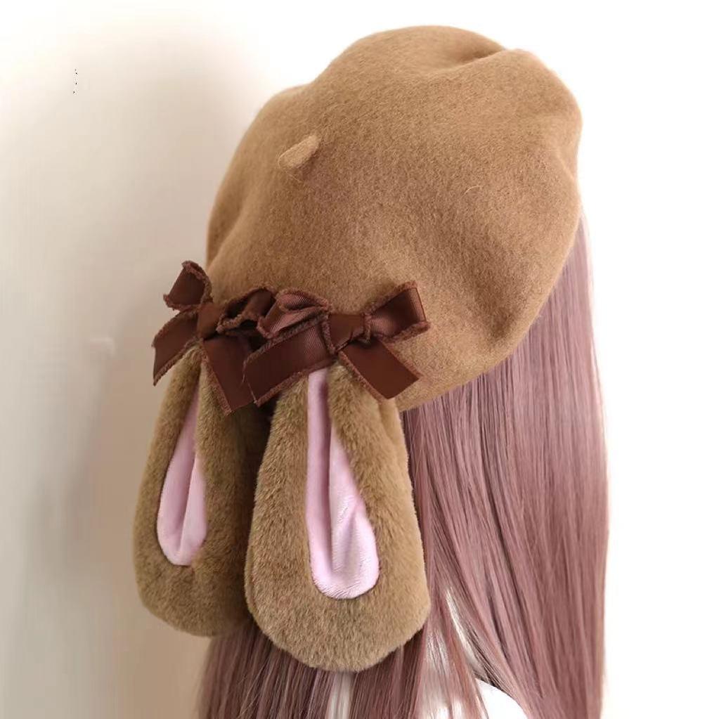 Xiaogui - Winter Lolita Beret Rabbit Ear Hat - Bow Beret Headwear