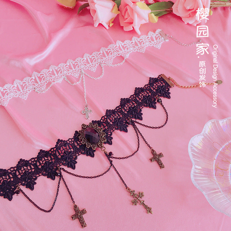 Gothic Retro Cross Choker Soft Girl Lolita Lace Short Necklace Collarbone Chain Accessory