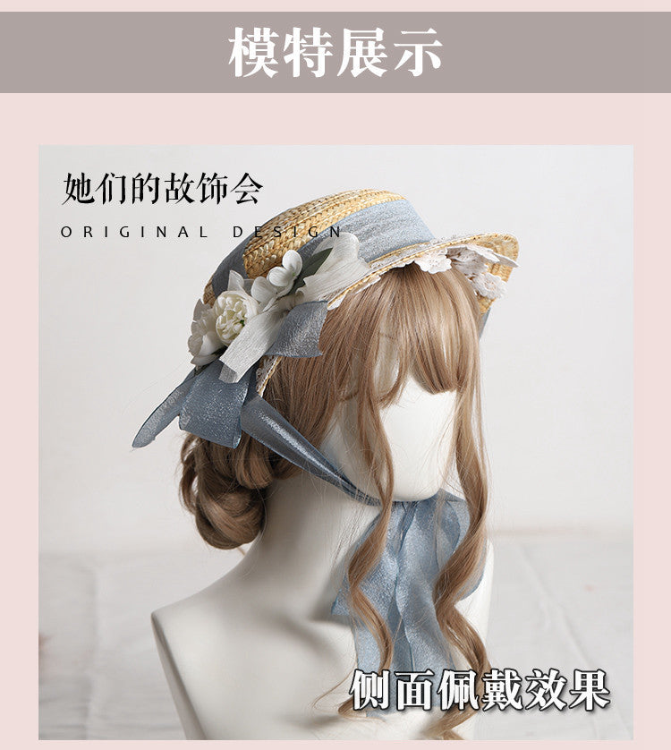 Lolita Flower Straw Hat for Women Summer Flat Hat Lolita Sun Protection Shade Han Yang Eclectic Mori Style Hat for Women