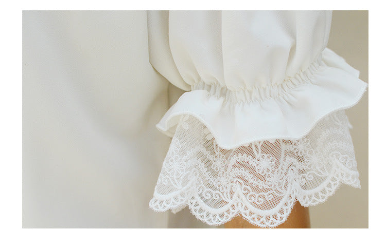 Sweet Elegant White Short - Sleeve Shirt - Embroidered Doll Collar + Lace Puff Sleeves
