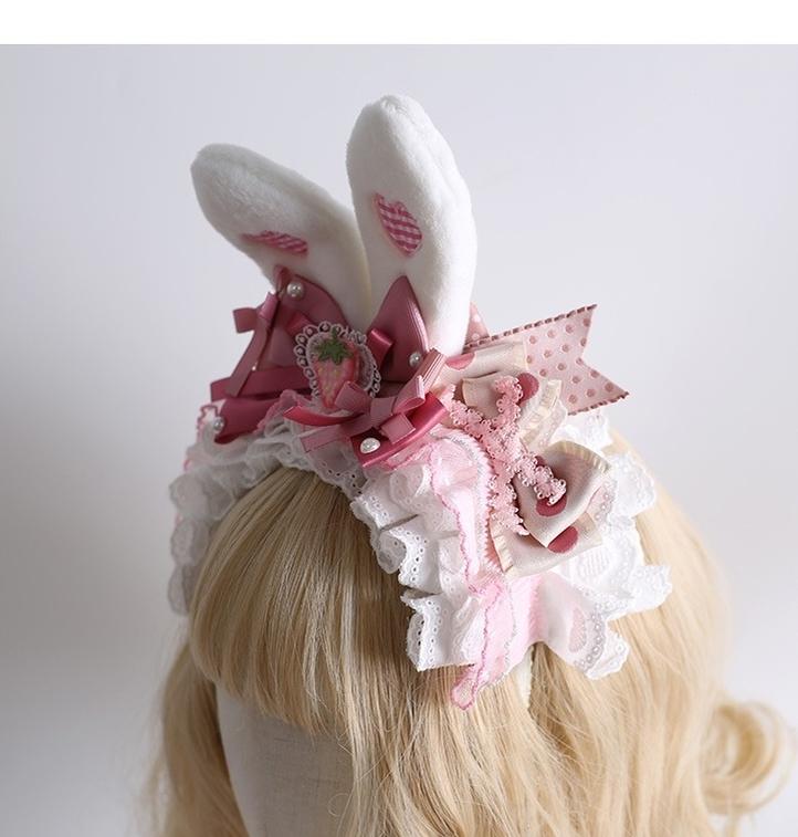 Xiaogui - Sweet Lolita Headdress Pink White - Bunny Ear Hair Accessory Headwear