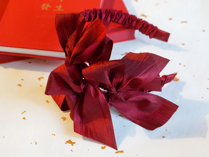 Handmade wine red Lolita fashion bow headband with ruched design, stylish accessory for LolitaFetch brand.