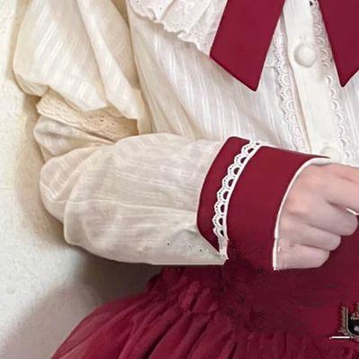 Rich Girl - Elegant Lolita Blouse and Skirt, Detachable Sleeves S Ivory and Red - Straight Sleeves Only