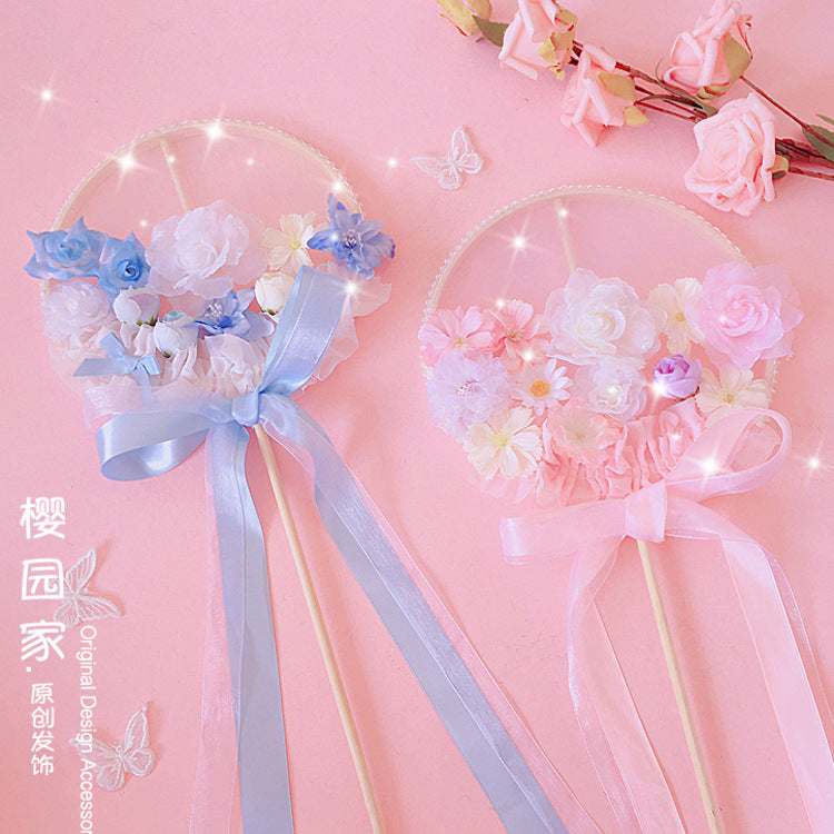 Original Handmade Blue Sakura Lolita Long Handle Round Fan Gorgeous Tea Party Lolita Fairy Wand Photo Prop