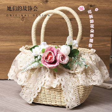 Original Handmade Straw Bag Lolita Lace Artificial Flower Beach Pastoral Soft Girl 2022 New Handbag Tote Bag