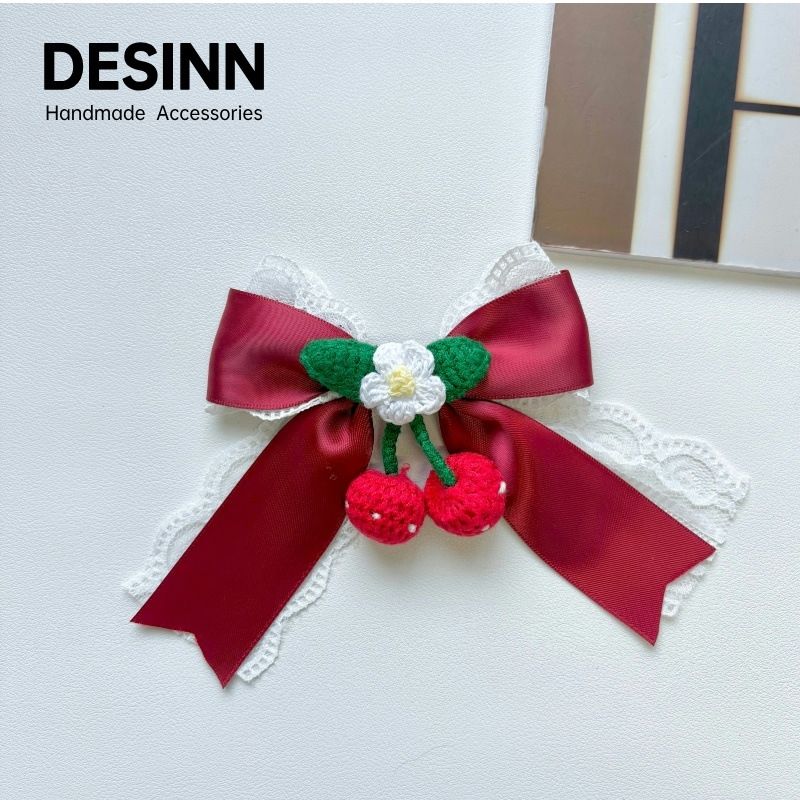 Handmade - Cherry Heart Bow - Lace Brooch - detail view 4