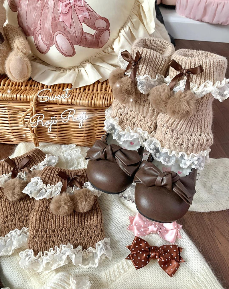 Roji Roji - Kawaii Lolita Leg Warmers - Pom-Pom Accented Bow Socks