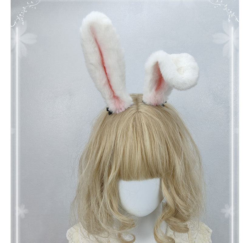 Pure white plush bunny ear hair clip and headband featuring realistic lop ears, perfect for Lolita cosplay and rabbit-themed outfits.