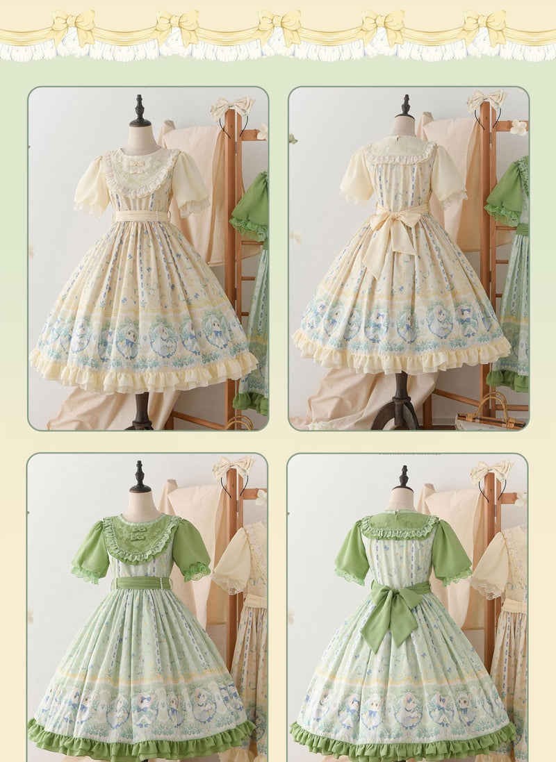 Strawberry Witch - Lily of the Valley Kitten - Country Lolita OP with Embroidery and Cat Print