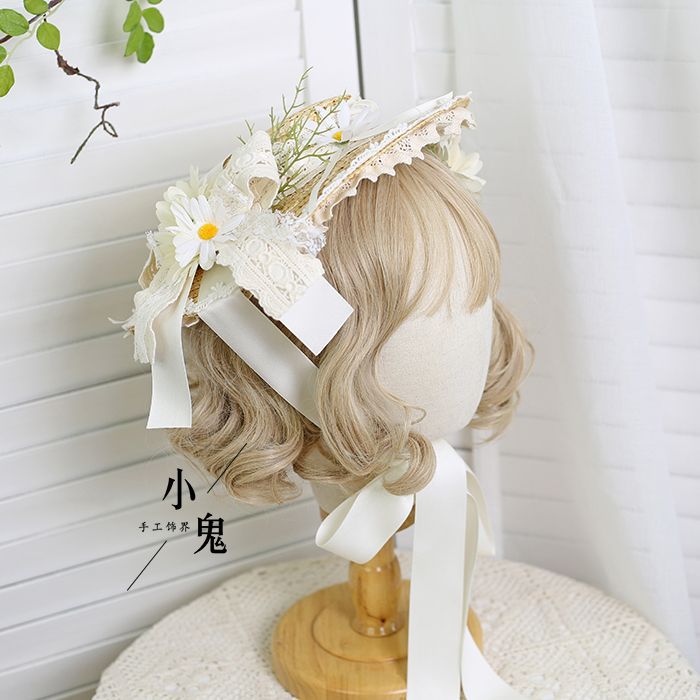 Original Lolita Straw Hat Flower Elegant Flat Hat Top Hat Bridal Tea Party Gorgeous Hat Han Western Eclectic Reminiscence