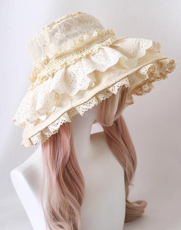 Xiaogui - Lace Lolit Sun Hat, Detachable Bows One Size Beige Only Hat