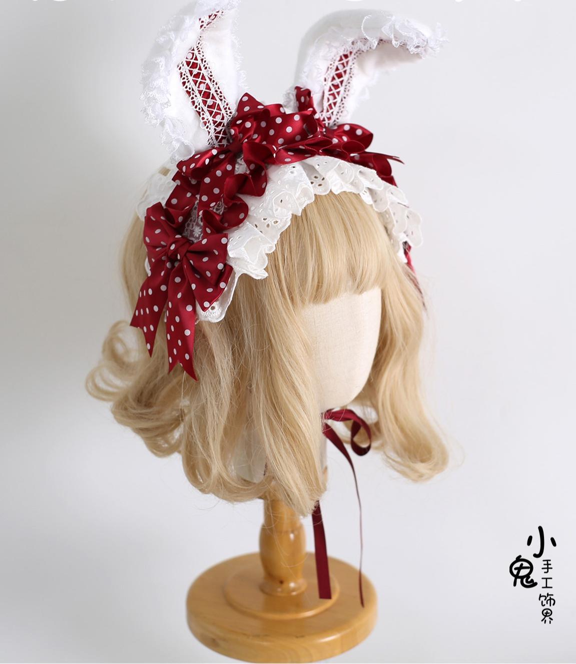 Xiaogui - Sweet Lolita Polka Dot Lace Hairband - Shapeable Bunny Ears Headwear