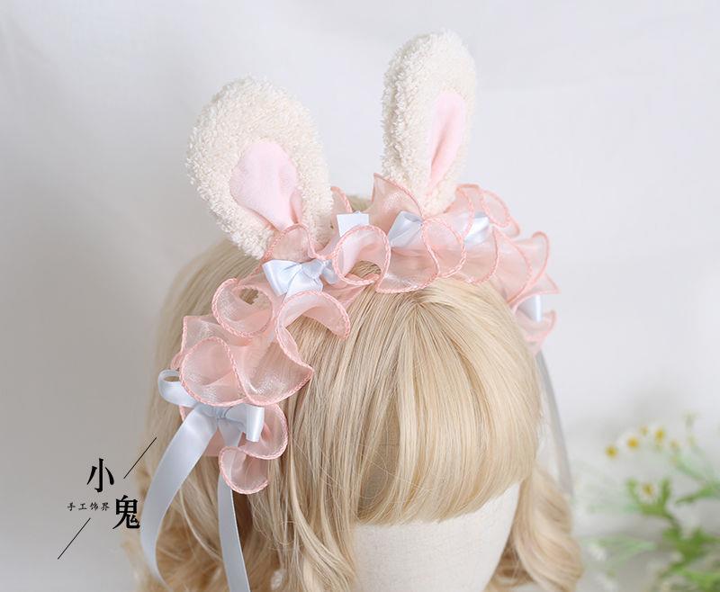 Lolita Handmade Ribbon Bunny KC Sweet Cute Bowknot Bunny Ear Headband Lolita Ruffled Hair Accessory Headwear - Lolita Fetch