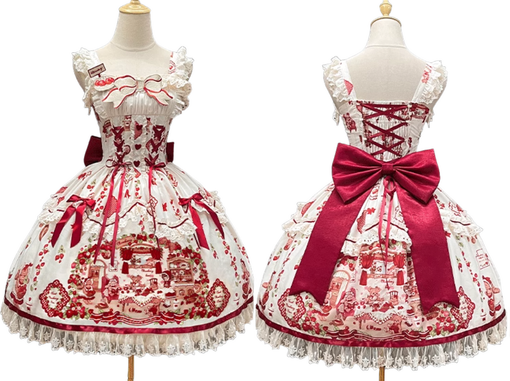ZhiJinYuan - Strawberry Bear -  Strawberry Handle Printed Sweet Lolita JSK Dress - Lolita Fetch