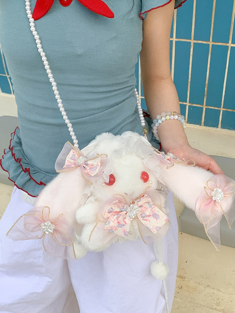 Lop-Eared Bunny Lolita Pearl Chain Doll Bag – 2025 Cute Bow Plush Shoulder Bag
