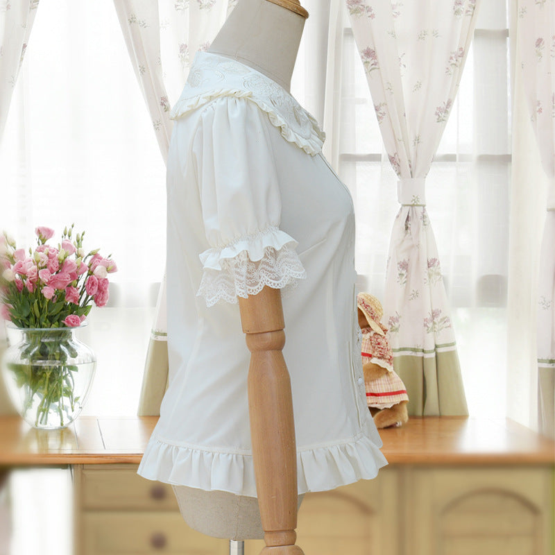 Sweet Elegant White Short - Sleeve Shirt - Embroidered Doll Collar + Lace Puff Sleeves