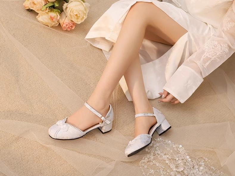 Yana - Heart Jade Yana - Pink, beige or blue Qi Lolita shoes with woven floral design and pearl ankle strap - product detail 7