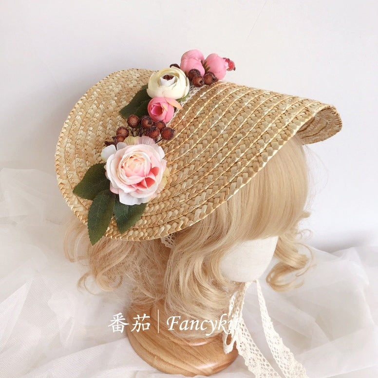 Handmade Straw Hat Flat Hat Lolita Handmade Tea Party Pastoral Bonnet