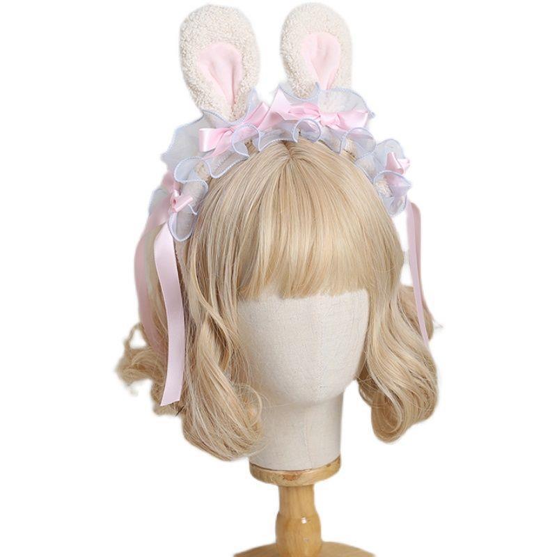 Lolita Handmade Ribbon Bunny KC Sweet Cute Bowknot Bunny Ear Headband Lolita Ruffled Hair Accessory Headwear