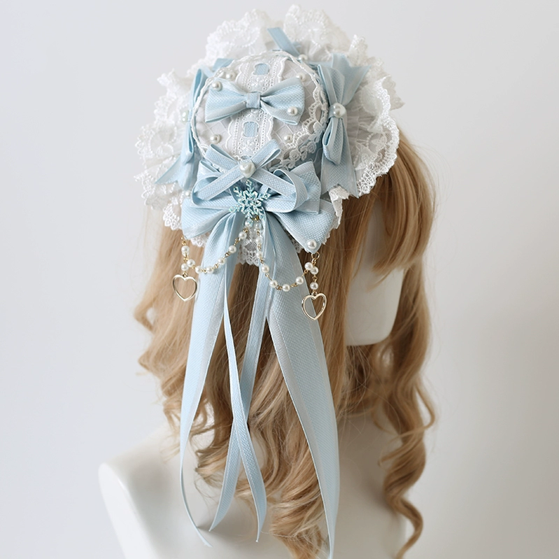 Xiaogui - Christmas Classic Lolita Lace Bow - Ice Blue Bonnet Headwear