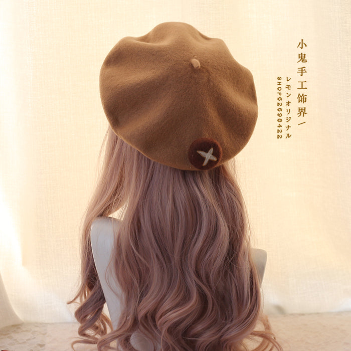 LolitaFetch wool felt beret with bear and mushroom embellishments, stylish hair accessory featuring whimsical decorative details.