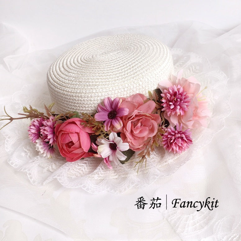 Handmade Lolita Retro Artificial Flower Straw Hat Bonnet French Pastoral Hat Photo Hat Sun Hat