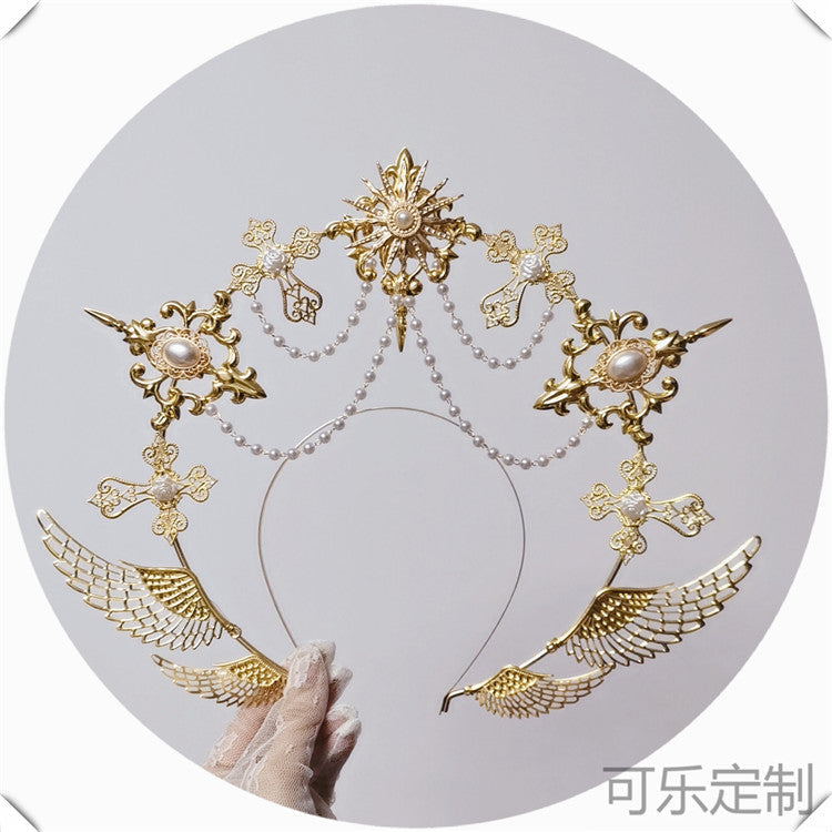 Handmade Virgin Mary Halo Angel Headband with ornate crown design, featuring intricate details and a celestial, divine appearance.