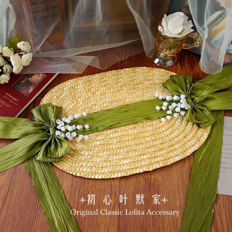 Handmade Lolita straw flat hat with elegant French style, perfect for tea parties and pastoral fashion, by LolitaFetch.