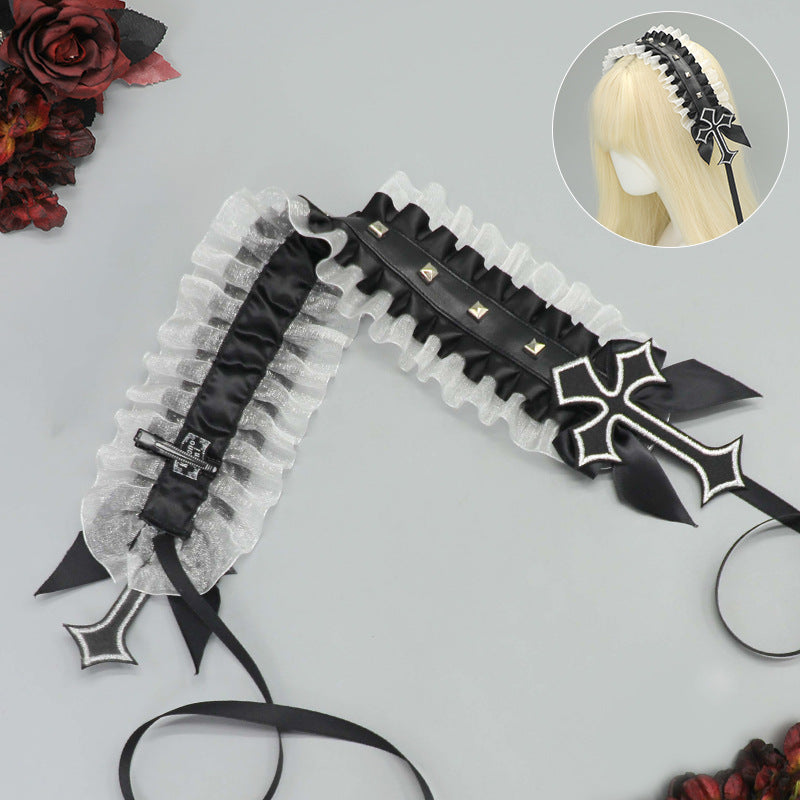 Dark Gothic Punk Rivet Headband Subculture Y2K Niche Hair Accessory Lace Rivet Cross Versatile Hair Ornament - Lolita Fetch