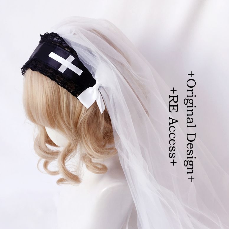 Handmade Original New Lolita Dark Night Saint Church Cross Embroidery Shiny Rhinestone Shawl Veil