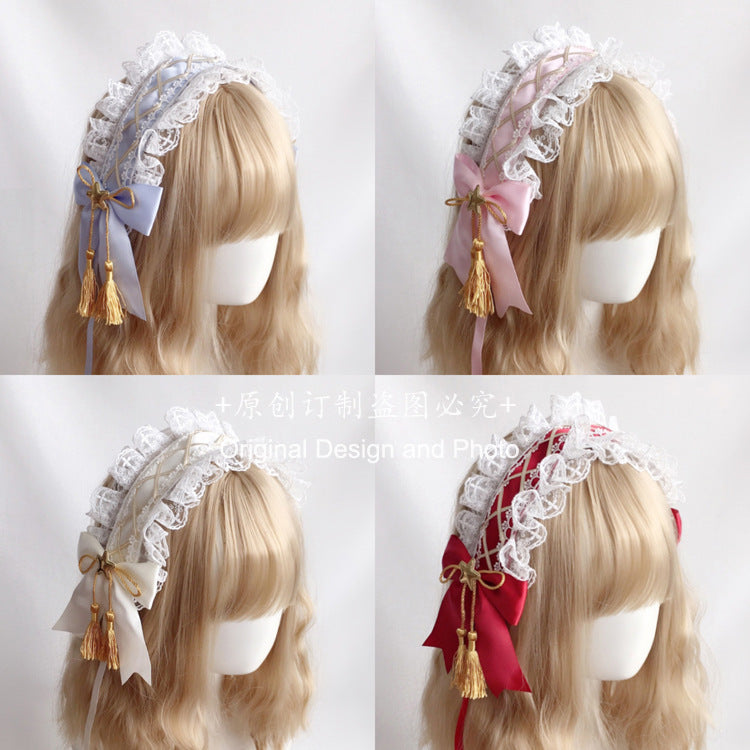 Handmade  Lolita Elegant Hairband Heavy Craft Gold Edge Bow KC Headband