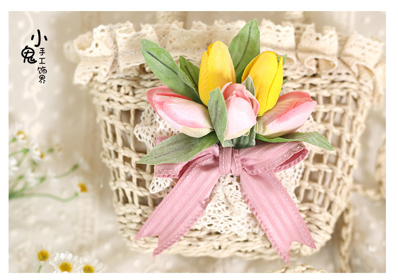 LolitaFetch straw handbag with tulip lace, bowknot detail, and elegant Lolita style, featuring a pastoral and eclectic design.