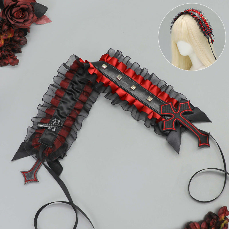 Dark Gothic Punk Rivet Headband Subculture Y2K Niche Hair Accessory Lace Rivet Cross Versatile Hair Ornament - Lolita Fetch