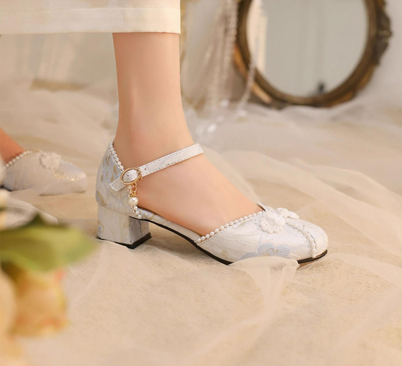 Yana - Heart Jade Yana - Pink, beige or blue Qi Lolita shoes with woven floral design and pearl ankle strap - product detail 9