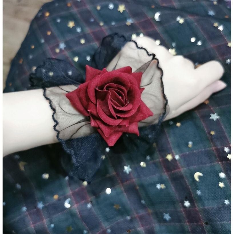 Dark Lolita Lace Wrist Cuffs for Women, Burgundy Rose Dress Cuffs with Wrist Flowers