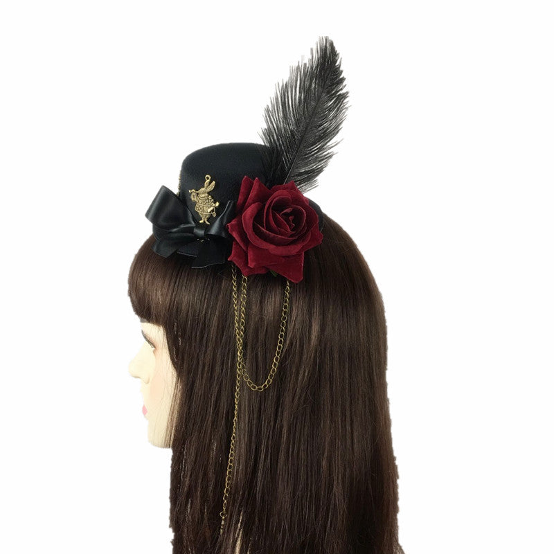 Vintage Gothic rose flower rabbit LolitaFetch headdress with small dark hat and hair clip, featuring floral and rabbit details.
