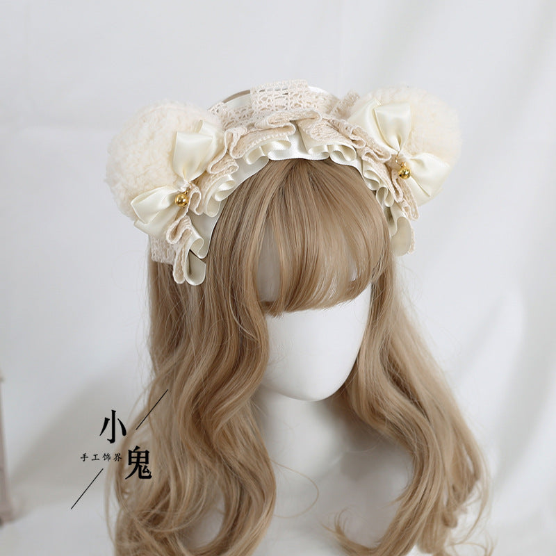 Coffee Color Lolita Bear Ear Headband KC - Bow & Lace Cute Girl Hair A